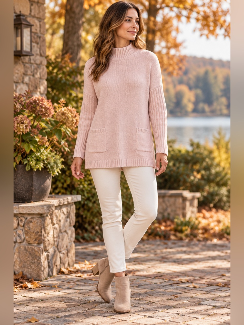 J.Jill Chenille Mock Neck Pocket Tunic Sweater Pink Extra Small Petite